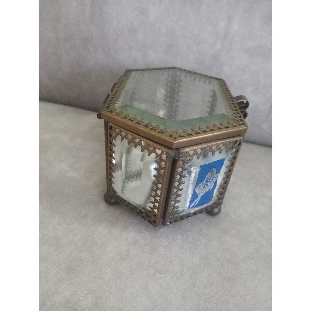 Vintage Beveled Glass Brass Hexagon Jewelry Box Butterfly Trinket Mirror Bottom